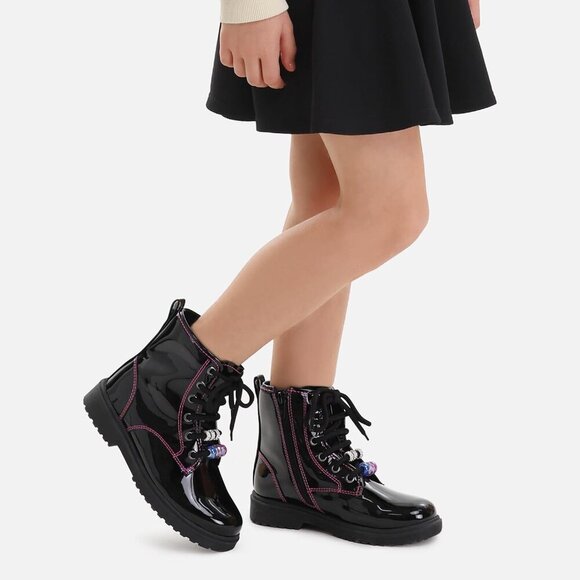 Kids Black Pat Boots Toddler Girl Boots DIY Combat Ankle Boots Side Zipper - Picture 5 of 7